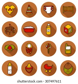 Set of hand drawn icons on baby care theme: nipple, rattle, block, carriage, bed, diaper for your design