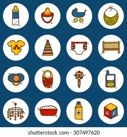 Set of hand drawn icons on baby care theme: nipple, rattle, block, carriage, bed, diaper for your design