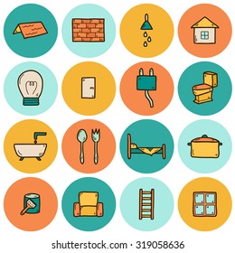 Set of hand drawn icons on home remodeling theme: door, wall, paint, brush, light, window, ladder. House improvement concept for your design