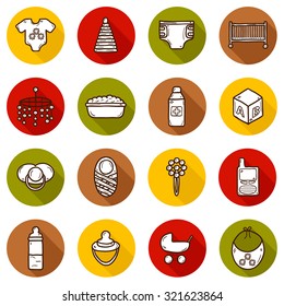 Set of hand drawn icons on baby care theme: nipple, rattle, block, carriage, bed, diaper for your design