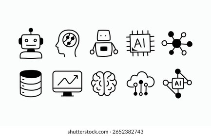 Conjunto de ícones desenhados à mão representando inteligência artificial, aprendizagem de máquina, ciência de dados, computação em nuvem, redes neurais e tecnologia moderna em estilo doodle preto e branco.