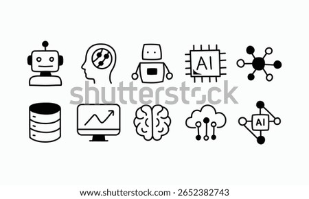 Set of hand drawn icons representing artificial intelligence, machine learning, data science, cloud computing, neural networks, and modern technology in black and white doodle style.