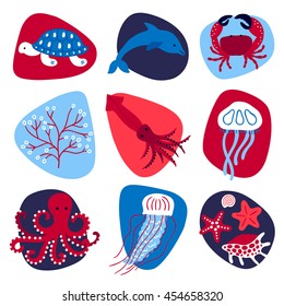 Set of hand drawn icons with sea animals in Red, Blue and White. Turtle, dolphin, crab, polyp, cuttlefish, jellyfish, octopus, starfish, shells