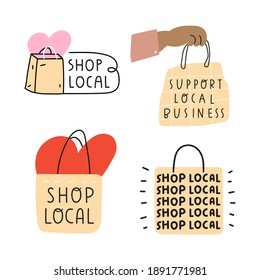 Set of hand drawn icons. Shop local. Vector illustrations on white background.