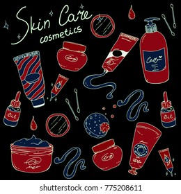 A set of hand drawn icons of skin care cosmetics on black background