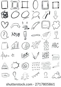 Satz handgezeichneter Symbole. Sprechblasen, Markierungen, Pfeile