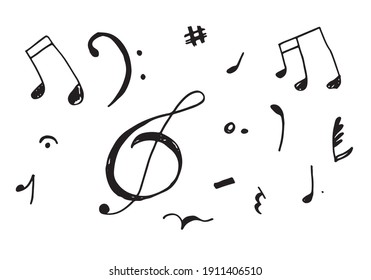 set hand drawn icons such as eight note rest, half note, beam, thirty second note, flat,music and media outline thin icons collection.