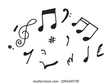 set hand drawn icons such as eight note rest, half note, beam, thirty second note, flat,music and media outline thin icons collection.