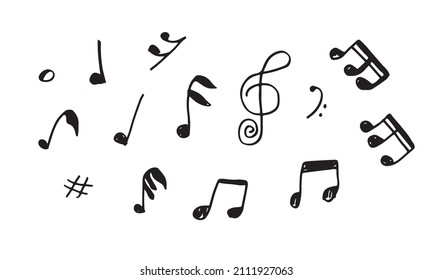 set hand drawn icons such as eight note rest, half note, beam, thirty second note, flat,music and media outline thin icons collection.