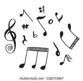 set hand drawn icons such as eight note rest, half note, beam, thirty second note, flat,music and media outline thin icons collection.