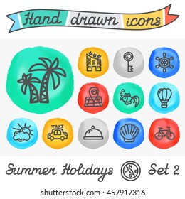 Set of hand drawn icons of summer holiday on imitation watercolor spots. Vector for summer time, tourism and travel, sea and sun, beach vacation, hotel and booking. EPS 10.