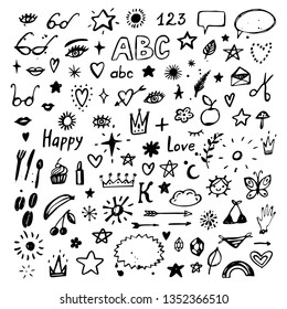 Set of hand drawn icons and symbols. Doodle design elements. Vector illustration.