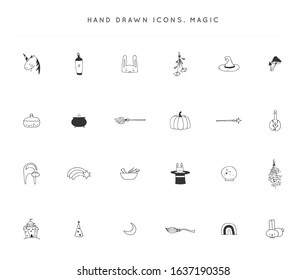 Set of hand drawn icons. Vector logo elements. Magic and fairy tales. For business identity and branding, for magic performances, magicians and illusionists. For apothecaries and souvenir shops.