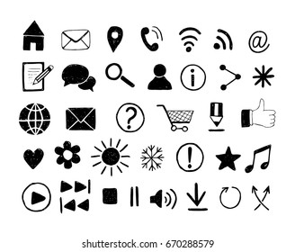 Set of  hand drawn icons for web site and print templates. Media, communication, business and music icons. Vector illustration.