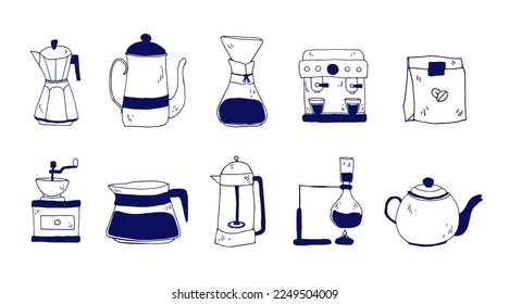 Set of hand drawn illustrated vector coffee equipment. Coffee brewing, espresso, cappuccino. Cafe restaurant graphics. Coffee grinder, drip coffee, teapot, french press, kettle, espresso machine.