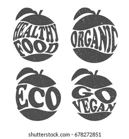 Set of hand drawn illustration with apple and lettering. Black and white background vector. Poster design with english text. Go vegan. Healthy food, vegetarian concept. Good for printing