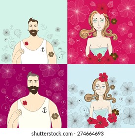 Set of Hand drawn illustration with Bearded man and woman with vintage flowers