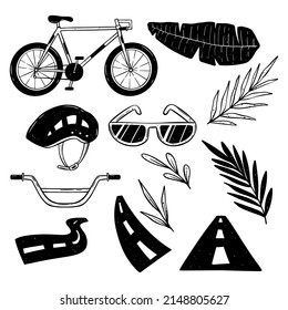 Set of hand drawn Illustration with bicycle and bicycle items. Vintage or sketch style