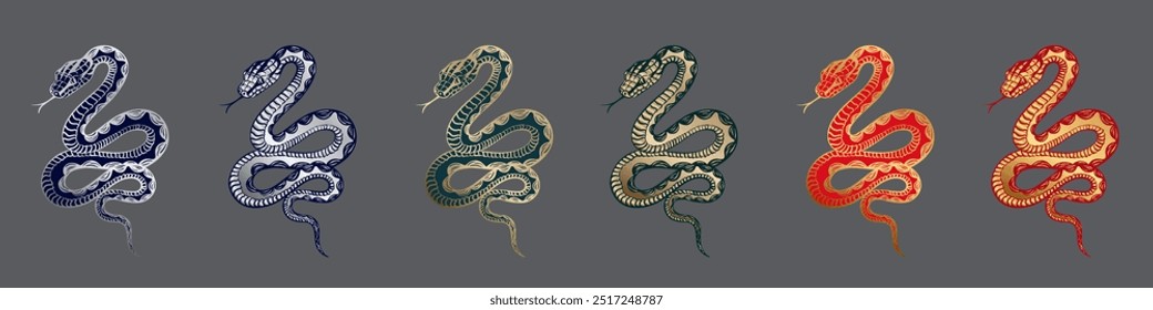 Conjunto de ilustração desenhada à mão de cobras enroladas, apresentando linhas de trabalho complexas e contraste arrojado. Esboço gráfico de répteis venenosos vermelhos, azuis e verdes com contorno dourado e prateado