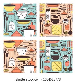 Set of hand drawn illustration cooking tools. Creative ink art work. Actual vector drawing. Kitchen seamless pattern