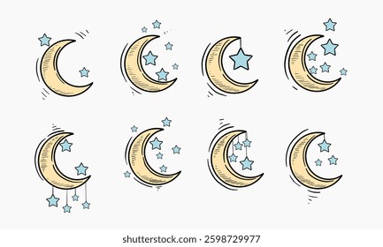 Set of hand drawn illustration of crescent moons with various star configurations and embellishments.