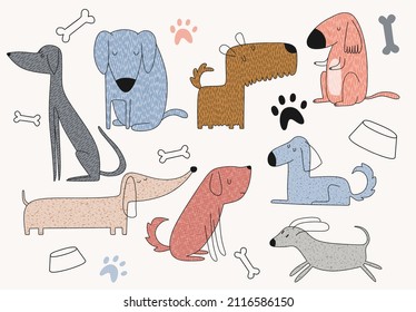 set of hand drawn illustration with cute dogs. 