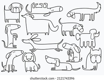 set of hand drawn illustration with cute dogs. 