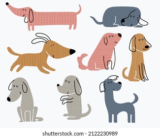 set of hand drawn illustration with cute dogs. 