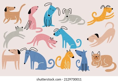 set of hand drawn illustration with cute dogs. 