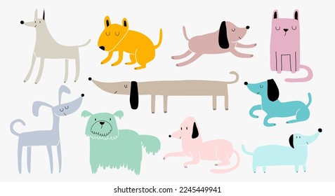 set of hand drawn illustration with cute dogs. 