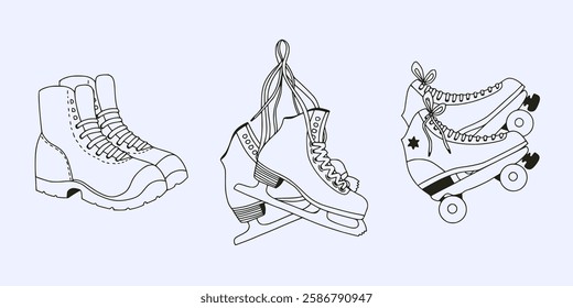 Set of hand drawn illustration of different types of sport footwear: hiking boots, ice skates, roller skates. Collection of outline monochrome line art design for outdoor activities