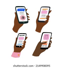 Un conjunto de ilustraciones hechas a mano de las manos que sujetan los smartphones, mostrando, desplazando y golpeando.