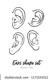 A set of hand drawn illustration of human ear, watercolors, isolated on white background. Ears shape difference concept.
