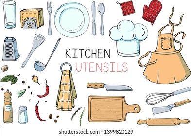 Set Of Hand Drawn Illustration With Kitchen Utensils. Actual Vector Drawing Of Coocking Tools: Dish, Fork, Spoon, Knife, Rolling Pin, Apron, Cook Cap, Spatula, Ladle And More. Doodle Style Drawing. 