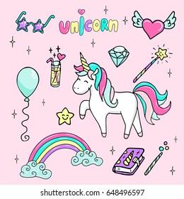 Set of hand drawn illustration of a magic unicorn, wand, star-sunglasses, diamond, magic book and other magic attributes