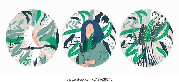 Set of hand drawn illustration with nature. Eco-friendly green stickers with a girl and a spikelet, a bird, leaves. The concept of unity with nature and self-care