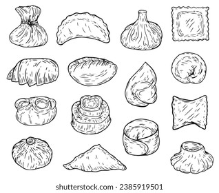 Set hand drawn illustration wonton, dumpling, khinkali, ravioli, gyoza, maultaschen, baozi, khanum, kurze, tortellini, dim sum, mandu, manti, kreplach. Collection vector food in sketch style.