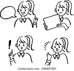 Set of hand drawn illustration of young women multiple expressions
