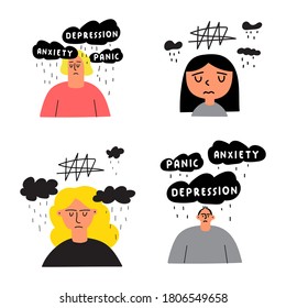 Set of hand drawn illustrations about mental problems. Vector graphic design.