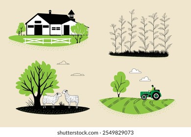 A set of hand drawn illustrations of agricultural subjects. Tractor in the field, farmhouse, sheep in the pasture