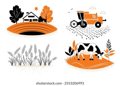 A set of hand drawn illustrations of agricultural subjects. Harvester in the field, farmhouse, a cow is grazing in a pasture. Hand drawn, not AI