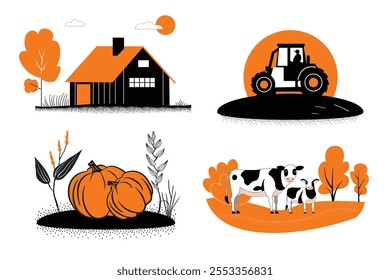 A set of hand drawn illustrations of agricultural subjects. Tractor in the field, farmhouse, a cow with a calf in a pasture, harvest pumpkins in the field