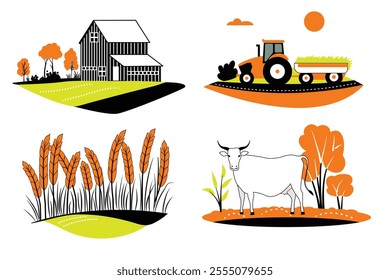 A set of hand drawn illustrations of agricultural subjects.  A farmhouse, a barn, a rural hangar, a tractor carrying hay, ears of corn in a field, a cow in a pasture. Hand drawn, not AI