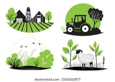 A set of hand drawn illustrations of agricultural subjects. Tractor in the field, farmhouse, sheep in the pasture. Hand drawn, not AI