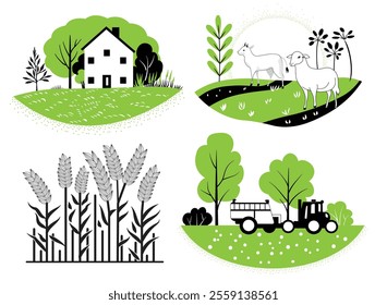 A set of hand drawn illustrations of agricultural subjects. Tractor in the field, farmhouse, cattle on the pasture