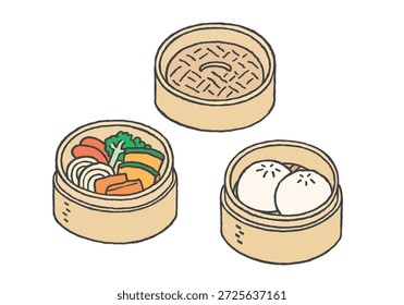 Set von handgezeichneten Illustrationen von mit Lebensmitteln gefüllten Bambusdämpfern