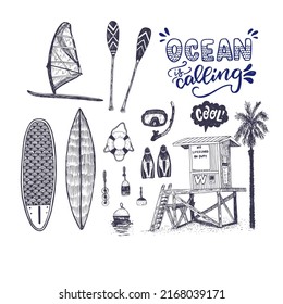 Set of hand drawn illustrations for beach activities - surfing, windsurfing, swimming, paddle, scuba diving, snorkeling. Summer vacation sketches, hand lettering inscription Ocean Is Calling.