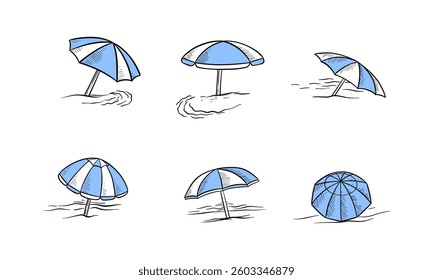 Set of hand drawn illustrations of beach umbrellas in different positions and angles, with light blue and white colors.