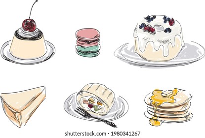set of hand drawn illustrations, cafe, cake, dessert