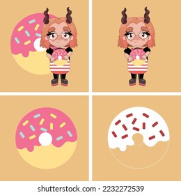 Set of hand drawn illustrations of character and donut.